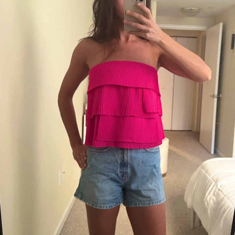 C/meo Collective, Strapless tiered top in pink, size S.